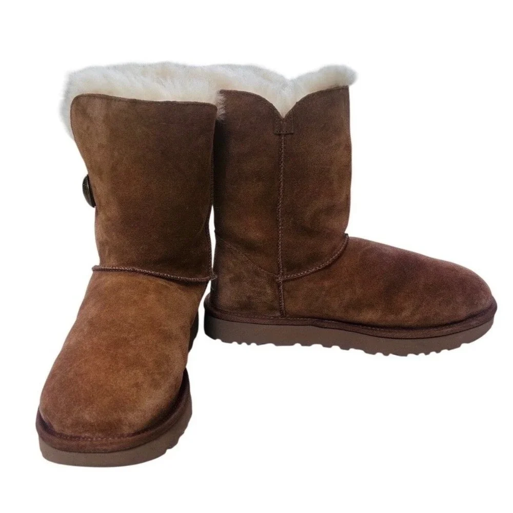 UGG Bailey Button Chestnut Brown Suede Shearling Mid Calf Boots Women‎ 5803